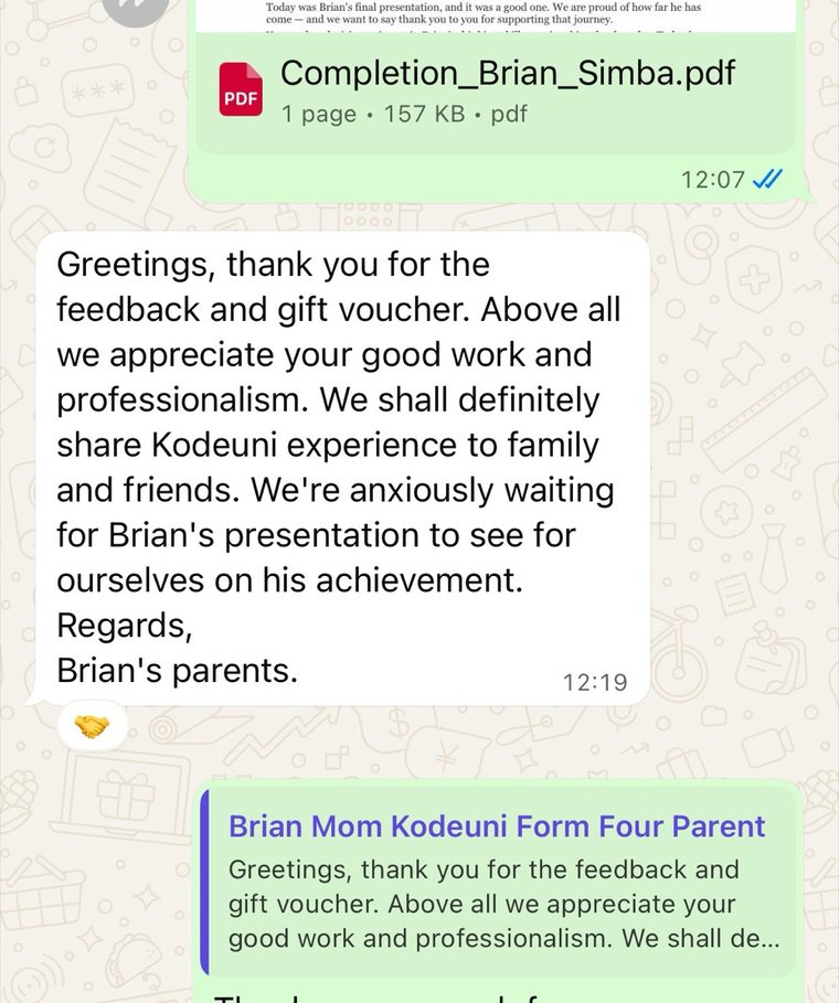 WhatsApp message from a parent: Greetings, thank you for the feedback and gift voucher. Above all we appreciate your good work and professionalism. We shall definitely share Kodeuni experience to family and friends.